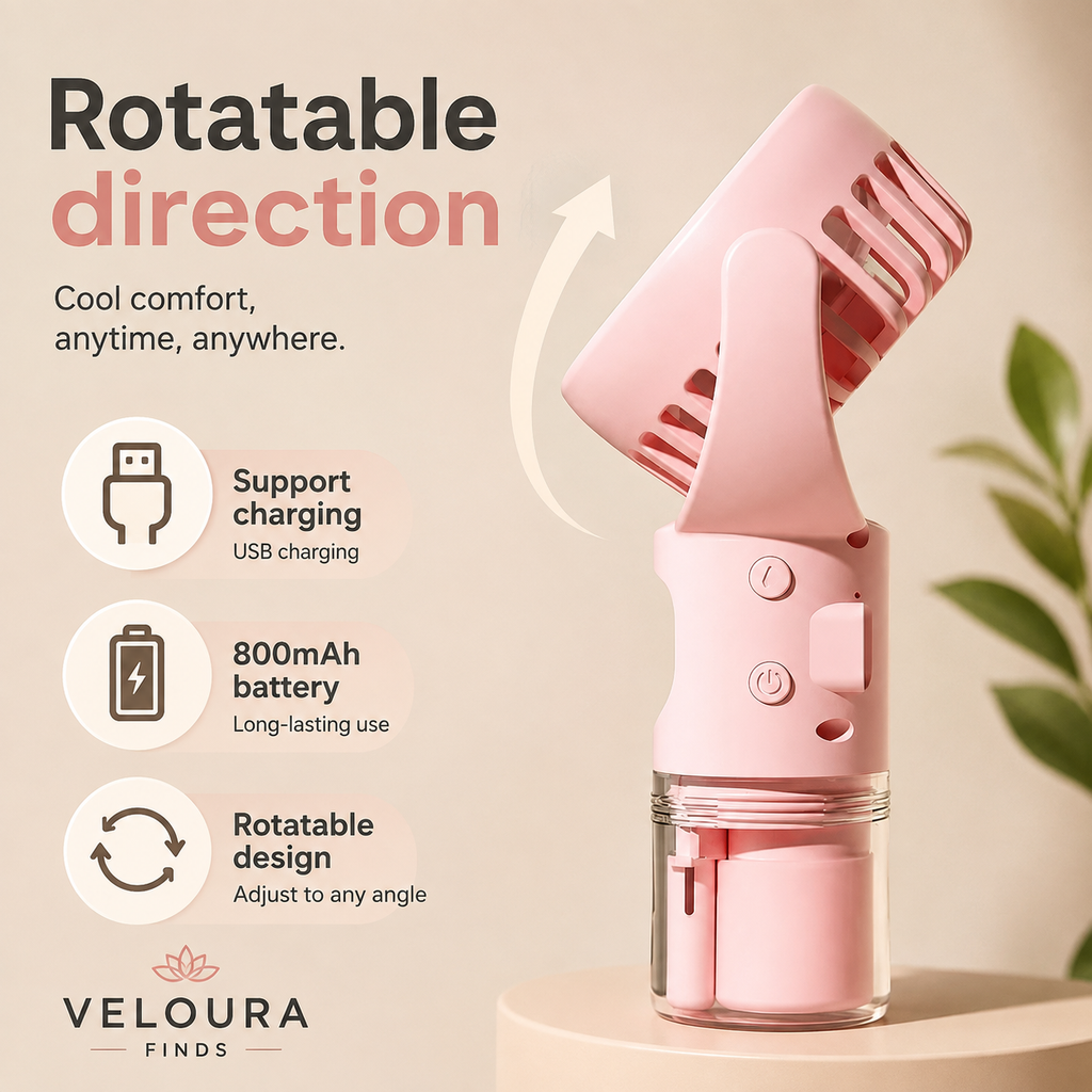 Portable Handheld Mist Fan – 4 Speeds, Foldable & USB Rechargeable