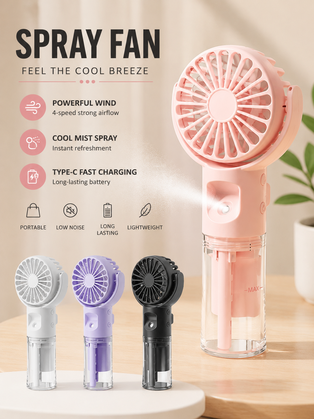 Portable Handheld Mist Fan – 4 Speeds, Foldable & USB Rechargeable