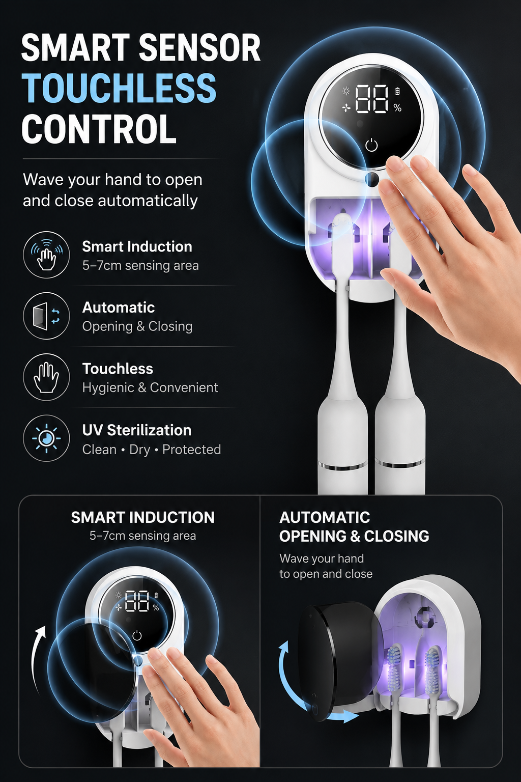 Smart UV Toothbrush Sterilizer - Automatic Cleaning & Drying