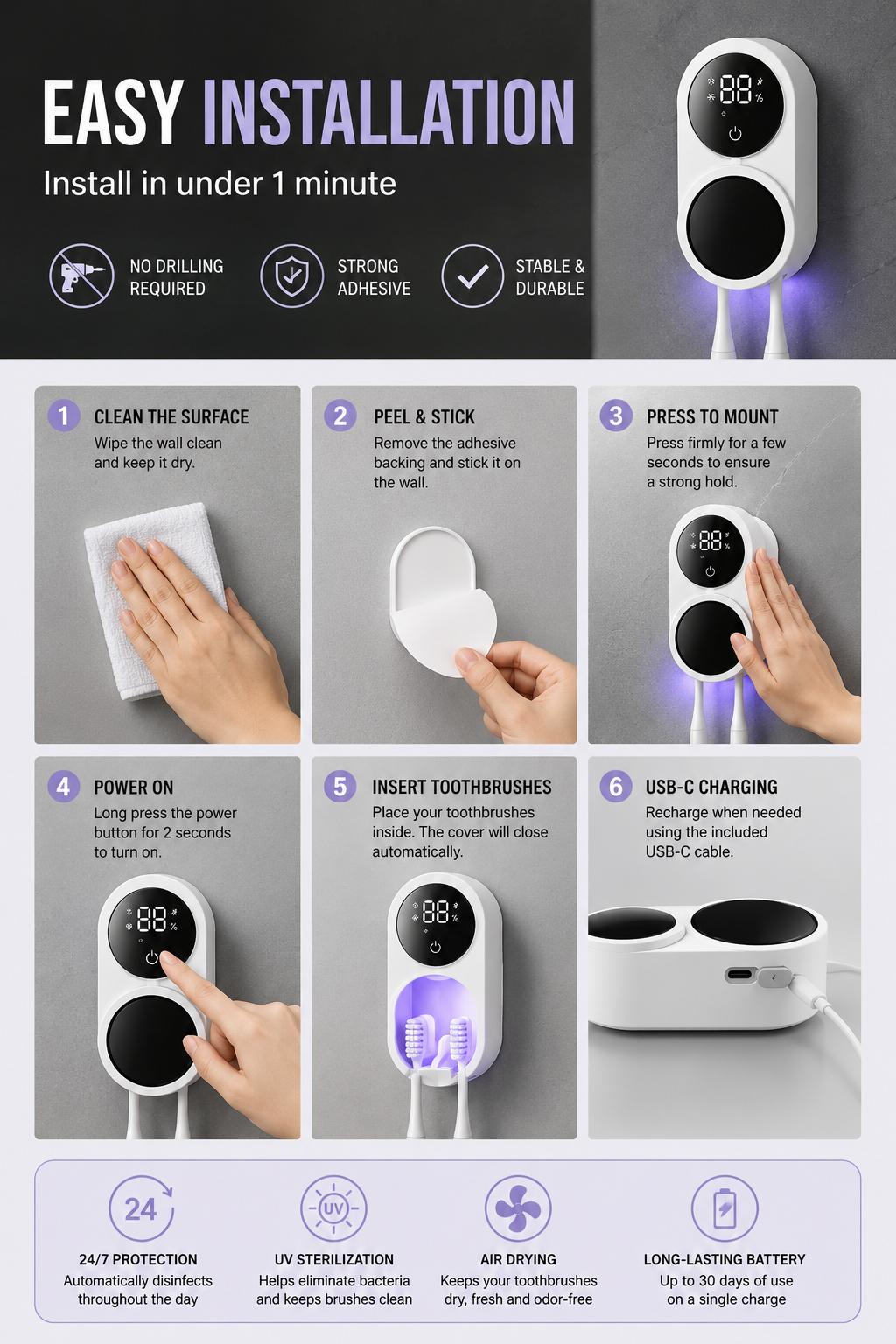 Smart UV Toothbrush Sterilizer - Automatic Cleaning & Drying